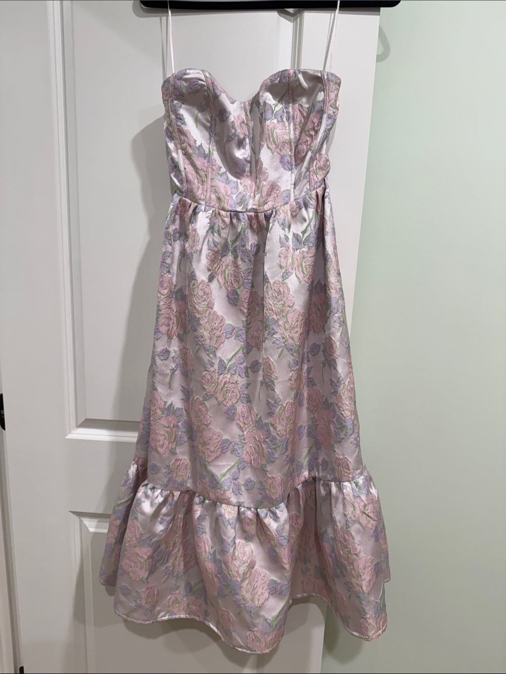 Strapless Pink Floral Midi Dress